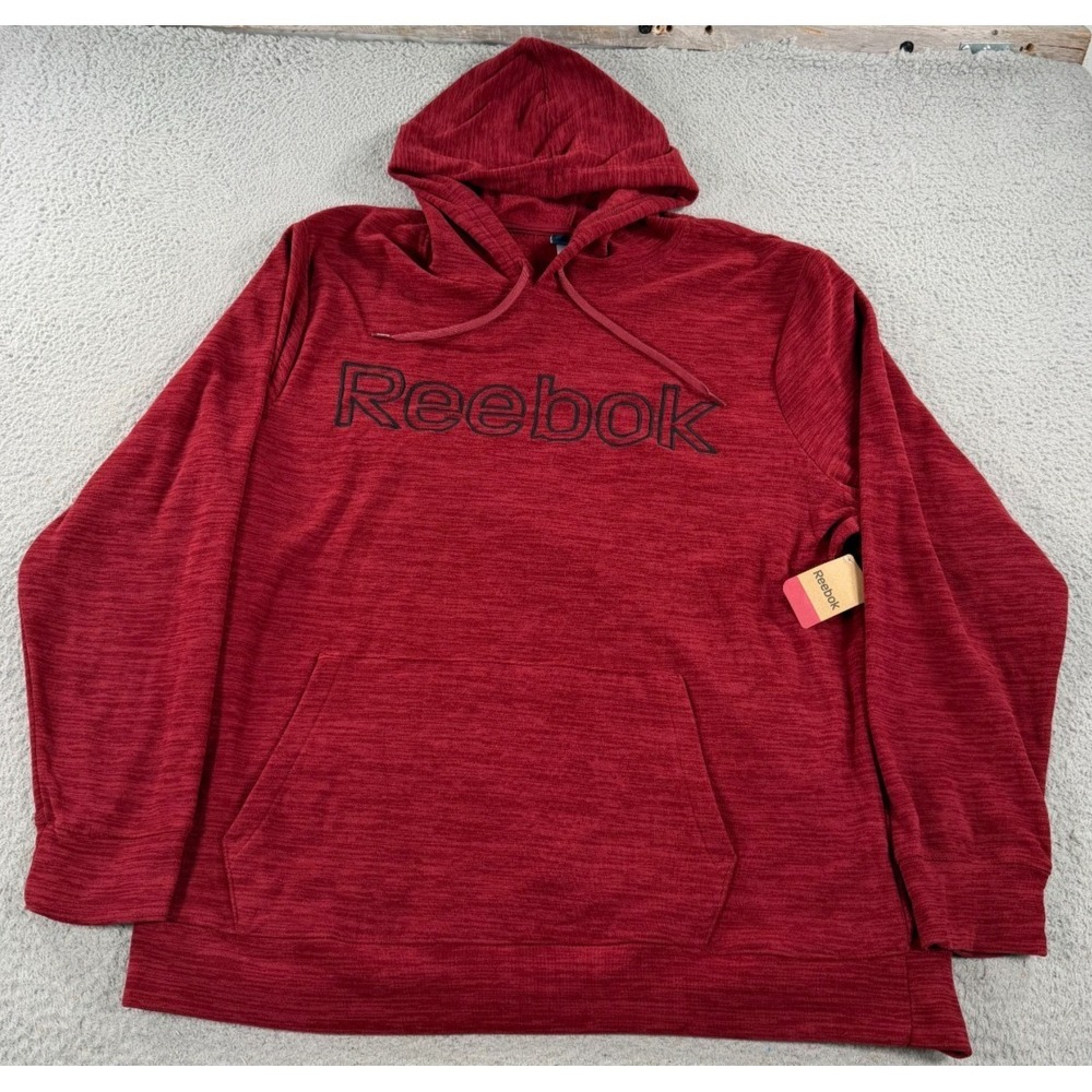Reebok Melange Sweatshirt Mens XL Heathered Red Logo Hooded Kangaroo Pockets NWT